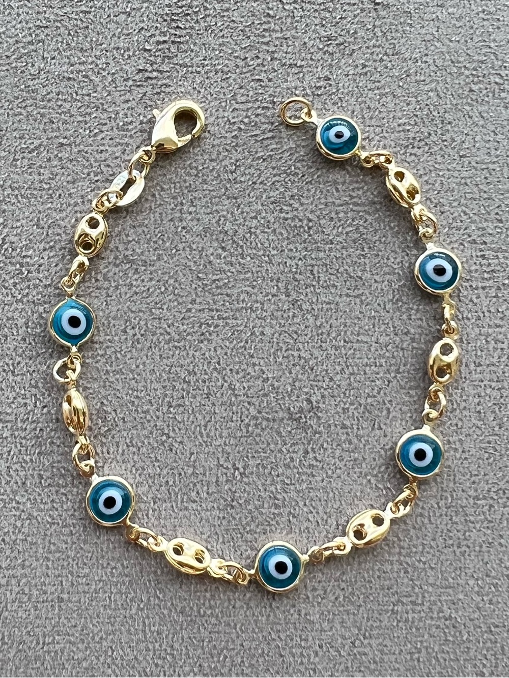 Gold Filled Blue Evil Eye Gucci Puff Link Bracelet 7”